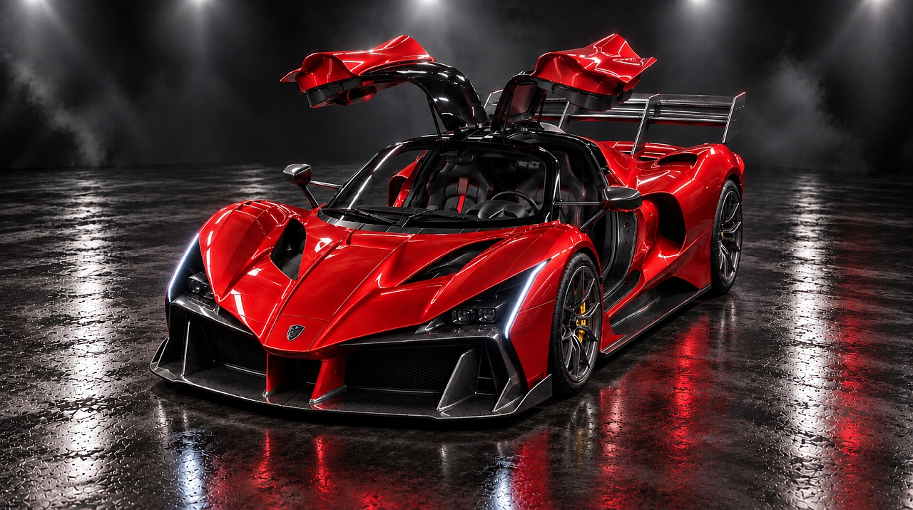 F310 SHMi V10 with full roof-hinged gullwing doors open vertically