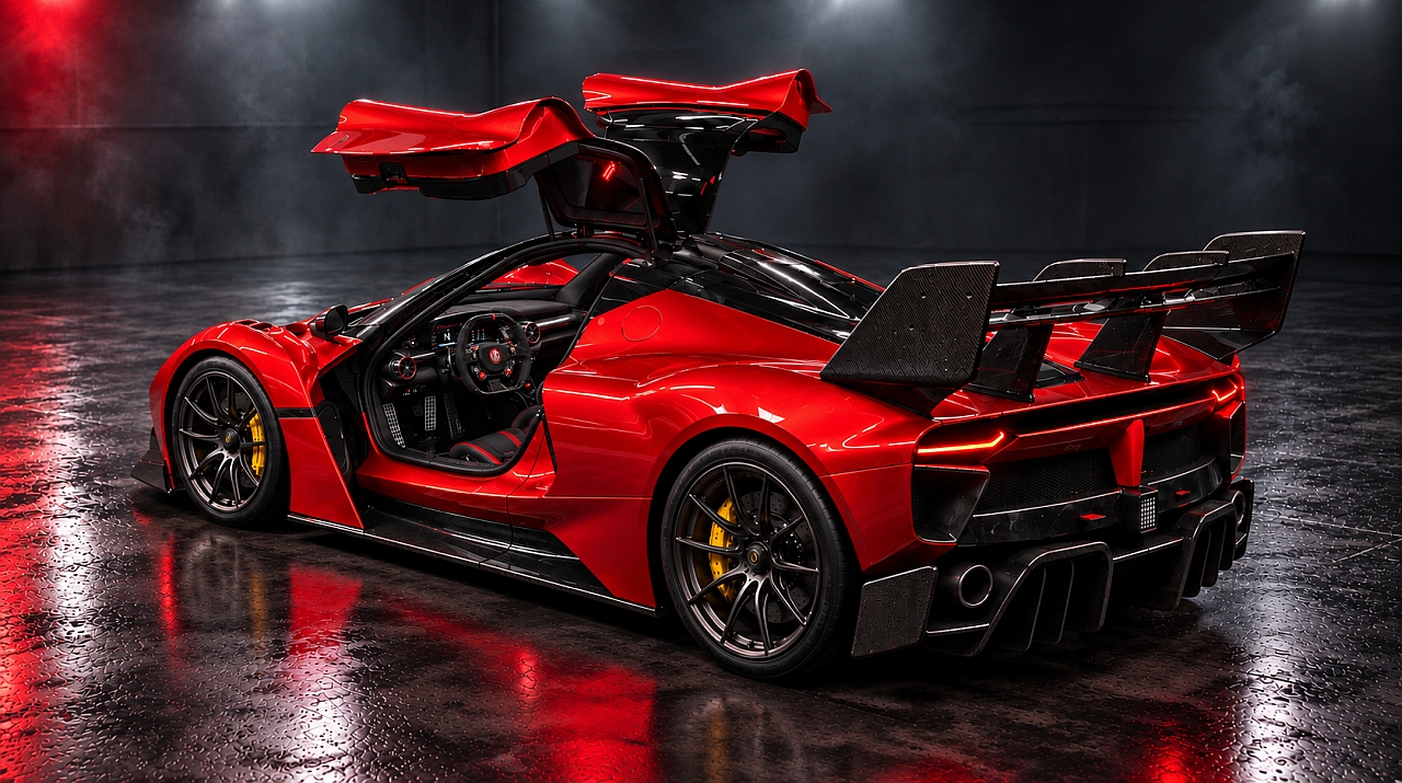 F310 SHMi V10 rear view with full gullwing doors open vertically