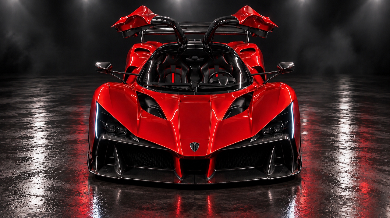 F310 SHMi V10 front view with full gullwing doors open